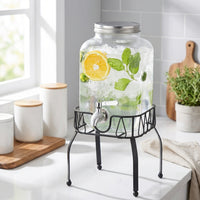 Glass Water Beverage Dispenser with Metal Stand, Hammered Texture Glass Dispenser for Iced Tea and Cold Brew, Drink Dispenser with Metal Tap