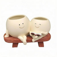Smiling Faces Rocking Chair Planter Wooden Base Cartoon Plant Pot Set Cute Design Grinning Flower Pot Wood-Grain