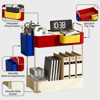 Desk Storage Organizer with Drawers and Phone Stand, Desktop Slanted Insert Compartments, Small Unit for Office Stationery