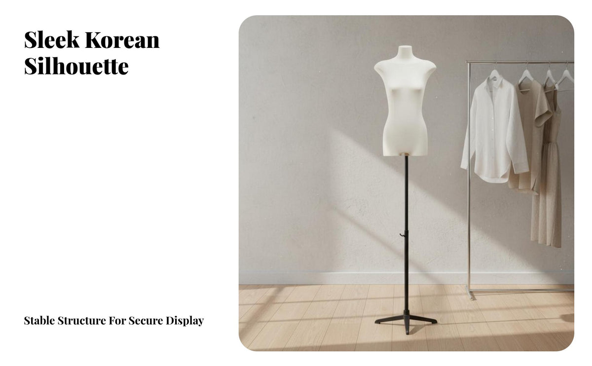 Slim Profile Clothing Display Stand Stable Metal Base Flat Chest Mannequin Easy to Assemble Half Body Dress Form Linen Covered for Retailers, Fashion Designers, Online Sellers, Boutique, Photoshoot, Photography Studio, Home