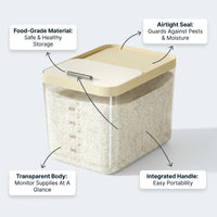 Airtight Rice Storage Container with Measuring Cup, Khaki Color Storage Bin, Easy Open Lid, Space Saving Kitchen Storage