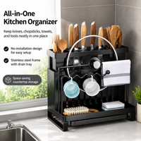 Stainless Steel Utensil Holder, Modern Countertop Cutlery Drainer with Double Chopstick & Rag Rack, Drip Tray for Small Kitchens
