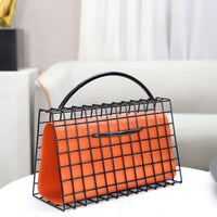 Handbag-Shaped Ornament Black Iron Grid Desk Ornament Carry Handle Metal Handbag Decor