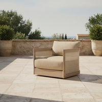 Natural Wood-Toned Wooden Armchair with Rattan Sides Woven Outdoor Sofa Chair Thick Lounge Sofa with Cushions Comfortable for Courtyard