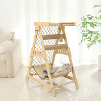 Multi-Level Cat Tree with Hammock, Solid Wood Multi-Functional Climbing Frame with Jump Platform, Minimalist Indoor Activity Center for Kittens