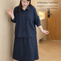 Long Skirt Denim Two Piece Set with Button Front Cardigan for Casual Wear, Stretch Spandex Blend with Pleated Details