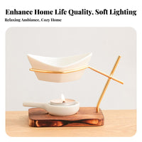 Wooden Base Lamp Detachable Bowl Tealight Oil Warmer Heat-Resistant Geometric Metal Holder Oil Dispenser for Meditation Studio, Office, Washroom