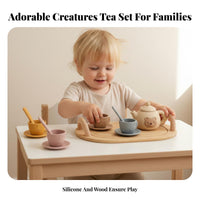Chew Safe Silicone Toy Tea Set Role Playing Fun Bear Themed Afternoon Tea Toy Materials Pretend Play Creature Teacups Safe for Children, Toddlers, Babies, Playroom, Bath Time