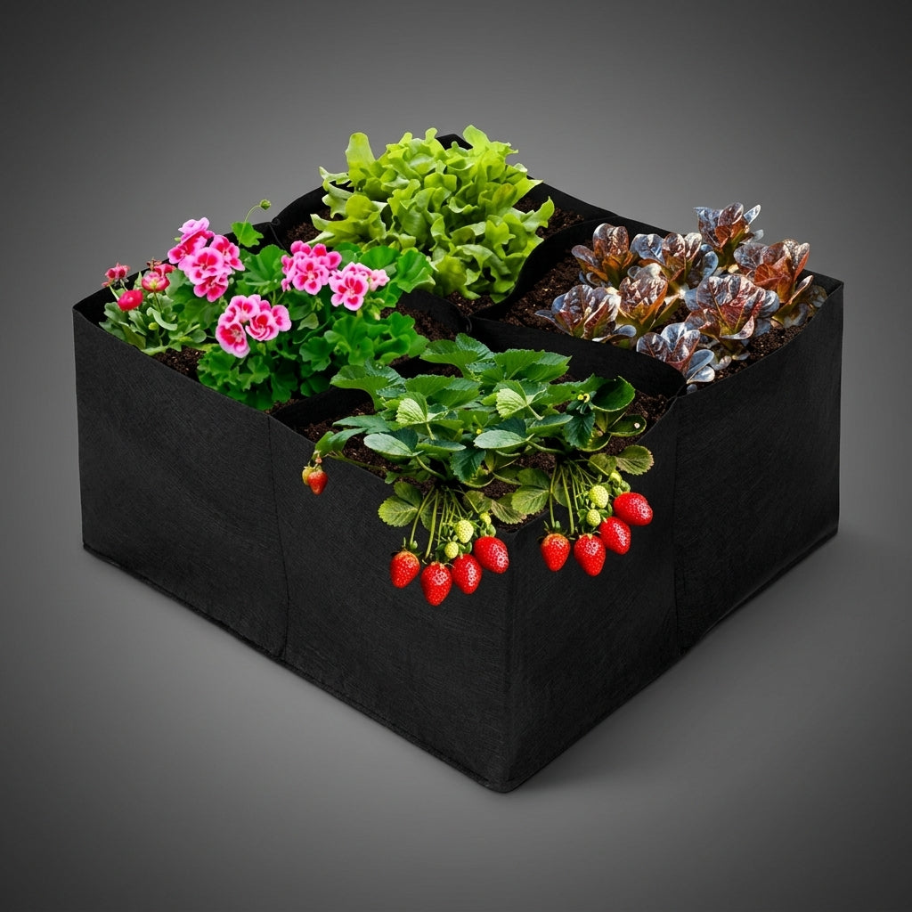Plant Pots and Strawberry Planter Grow Bags for Outdoor Garden, Multi-Compartment Square Raised Garden Bed, Heavy Duty Vegetable Planter, Felt