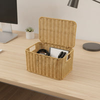 Wicker Storage Basket with Lid Rectangular Woven Basket with Lid Handwoven Lidded Storage Container for Students, Closet, Bedroom, Dorm Room