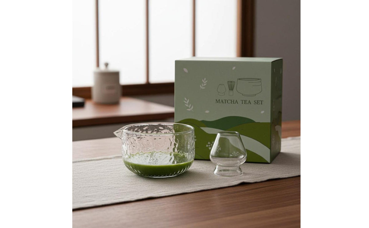 5 Pieces Glass Matcha Bowl and Whisk Set Pour Spout Design for Beginners