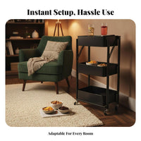 Wheeled Mobility three-tier Foldable trolley Multi-Functional Utility Trolley Space-Saving Household Storage Sturdy Construction for Office Workers, homeowners, Bedroom, Living Room, Kitchen, Bathroom