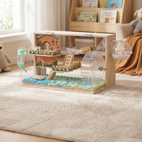 Large Hamster Cage with Wood and Acrylic, Transparent Multi-Level Syrian Habitat for Indoor Use, Luxury Rectangular Dwarf Acrylic Hamster Cage