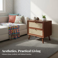 Nordic design Rattan Drawer Nightstand sturdy Wood Construction Rattan-Front End Table Minimalist Design Bedside Cabinet space-saving Size for Apartment Dwellers, Homeowners, Renters, Guest Room, Small Spaces, Hallway