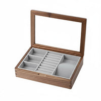 Walnut Wood Jewelry Case Vintage Style Wooden Jewelry Box Clear View Lid Multi-Compartment Organizer for Bedroom