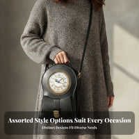 Adjustable Strap Vintage Clock Bag Leather-Like Finish Clock-Shaped Handbag Flap Pocket Structured Handbag