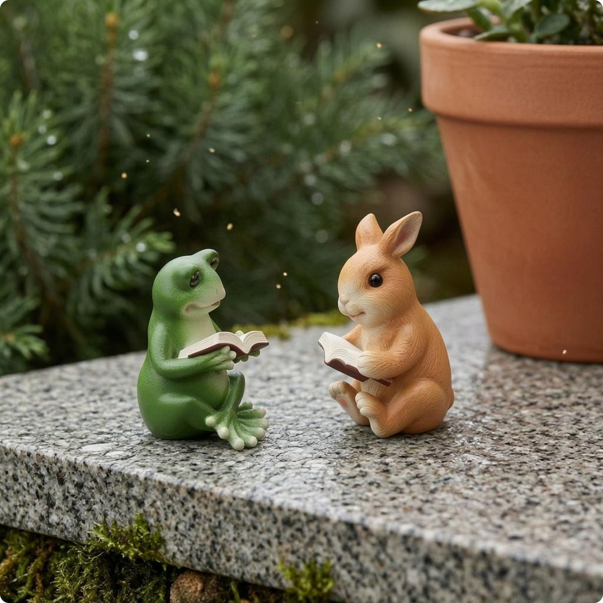 2 Pieces Two-Piece Frog and Rabbit Reading Figurines Ajar Book Frog Figurine Sitting Rabbit Figurine Indoor Outdoor for Living Room Shelf, Table, Balcony