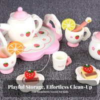 16 Pieces Made from Wood Wooden Tea Set Encourages Creativity Afternoon Tea Toy Set Screen-Unrestricted Fun Wooden Dessert Playset Ideal Gift for Toddlers, Preschoolers, Kindergarten, Playroom, Birthday Party