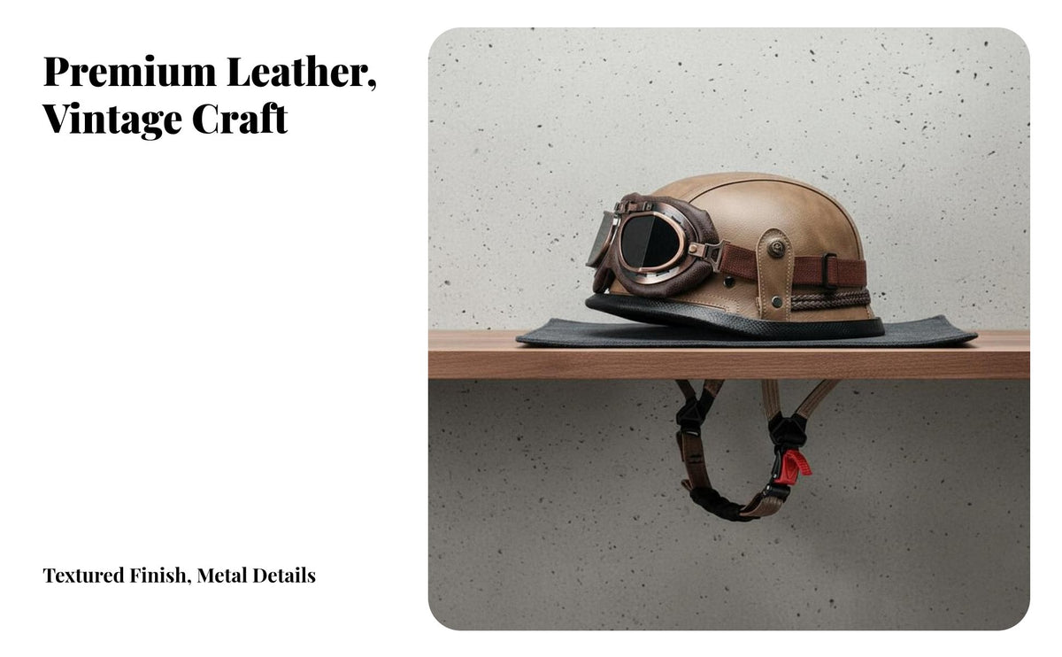 Vintage Leather 3C Certified Retro Leather Half Helmet Washable Liner for Motorcyclists Riders, Cruising, Commuting