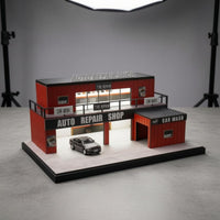 Two-Level 1/64 Repair Shop Model Illuminated Auto Repair Shop Diorama Display Base Car Wash Garage Model Printed Details