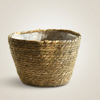 Laundry Basket for Home Office Organization, Set of 3 Lined Woven Seagrass Storage Baskets, Tapered Wicker Hamper Basket