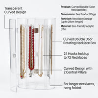 Jewelry Organiser, Acrylic Necklace Holder with Dustproof Door, Tabletop Storage Box for Bedroom, Clear Display Case