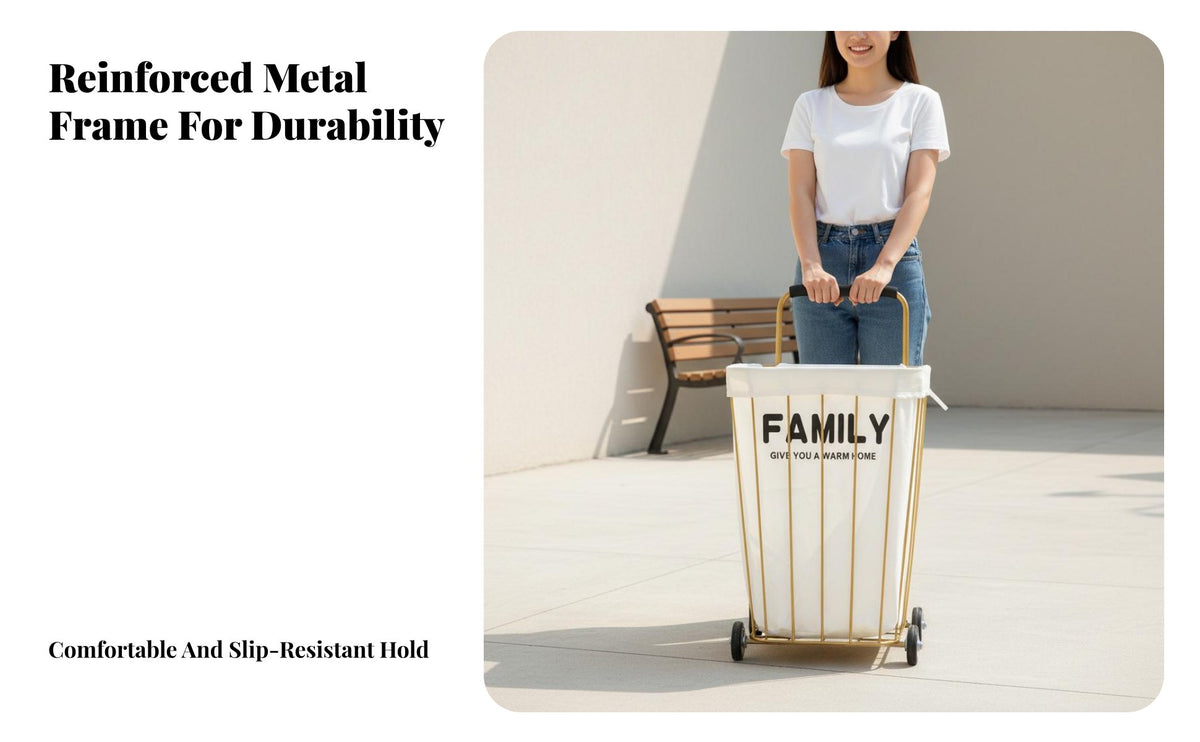 Multifunctional Design Metal Frame Storage Trolley Space-Saving Storage Cart with Liner Heavy Duty Rolling Laundry Basket Rust-Resistant for Homemakers, Apartment Dwellers, Living Room, Bedroom, Bathroom, Supermarket