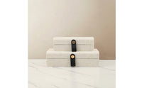 2 Pieces Decorative Storage Box with Strap Closure Hard-Sided Textile Storage Box with Lid Neutral Closet Organizer Container for Vanity