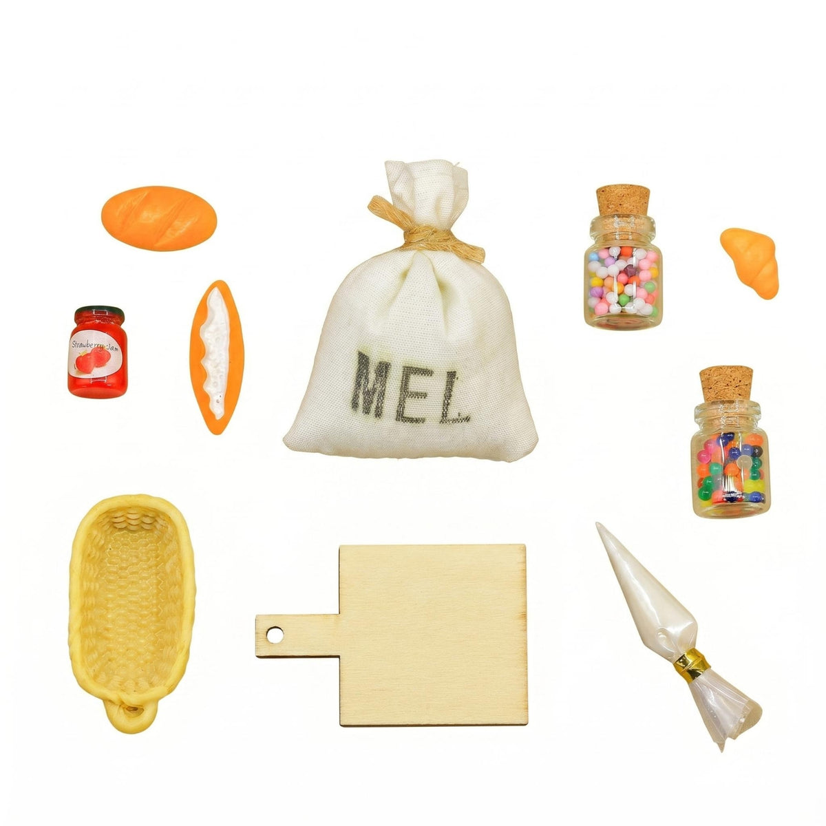 10 Pieces Assembled Miniature Baking Prop Set Cloth Drawstring Sack Dollhouse Bakery Prop Set Glass Bottles Miniature Kitchen Props Cork Stoppers