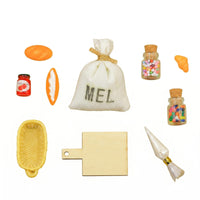 10 Pieces Assembled Miniature Baking Prop Set Cloth Drawstring Sack Dollhouse Bakery Prop Set Glass Bottles Miniature Kitchen Props Cork Stoppers