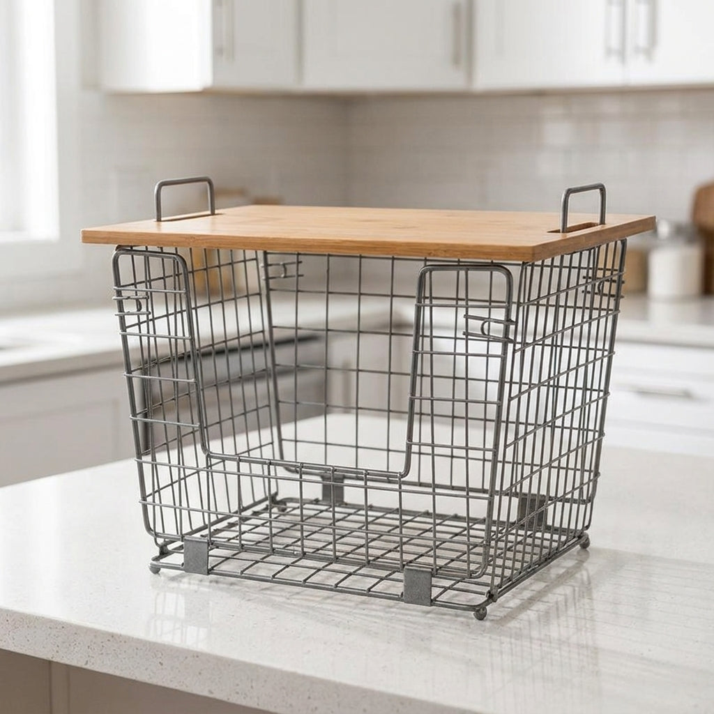 Wire Basket for Fruit & Vegetable Storage, with Bamboo Lid, Minimalist Design