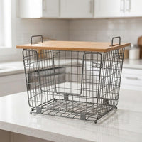 Wire Basket for Fruit & Vegetable Storage, with Bamboo Lid, Minimalist Design