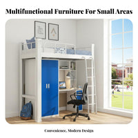 Student Dormitory Bed Space Saving Loft Bed with Desk and Wardrobe Full-Length Guardrails Bedroom Furniture for Students, Dorm Room, Small Apartment