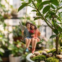 Fairy Couple on Swing Whimsical Fairy on Swing Ornament Hanging Garden Ornament Balcony Romantic for Gardeners, Planter