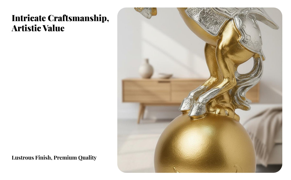Nordic Art Design Success Horse Ornament Light Luxury Golden Horse on Ball Figurine Creative Design Golden Stallion Figurine Intricate Details for Business Professionals, Homeowners, Adults, Living Room, TV Cabinet, Entrance Hall, Foyer