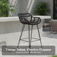 Waterresistant Highrear Woven Stool Retro design Woven rear High Chair sunlight-withstandant Indoor Seating Minimalist Design for Homeowners, Business Owners, Interior Decorators, Home Bar, Kitchen Island, Patio, morning dining corner