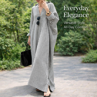 Maxi Dress for Women with Three Quarter Batwing Sleeves, Shirt Style for Work and Office Wear, Long Loose Fit with Splicing Panel Design
