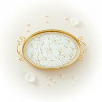 Openwork Rim Oval Metal Serving Tray Curled Handles Gold Oval Tray Marble-Like Pattern Home Accessory Patterned Border for Tabletop Display
