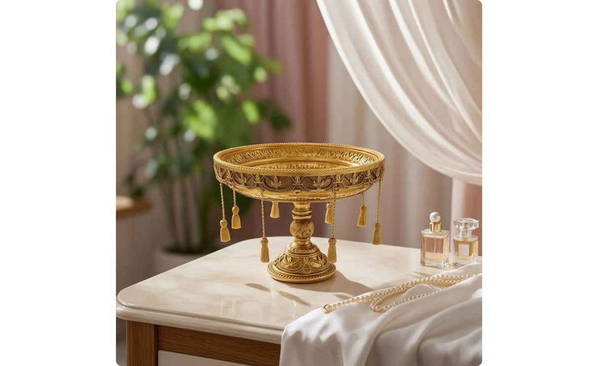 Decorative Pedestal Tray Ornate Tray with Tassels Round Riser for Tabletop, Vanity