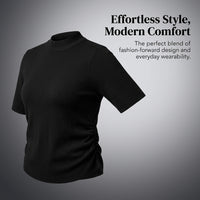 Knit Top for Women with Mock Neck and Ruched Detail, Short Sleeve Sweater in Viscose Blend for Spring Wear, Ribbed Texture Pullover Knitwear