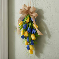 Nordic Design Blossom Teardrop Swag Ready to Hang Artificial Blossom Garland Ribbon Bow Seasonal Door Swag Lifelike Design for Brides, Wedding