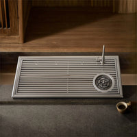 Tea Making Coffee Pour Over Drain Rack Over the Sink with Faucet Opening Stainless Steel Beverage Tray with Cup Rinsing Device for Baristas, Cafes, Home Beverage Stations