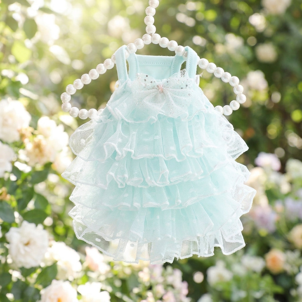Princess Dog Dress with Layered Tulle and Bow, Elegant Cat Dress for Small Pets, Summer Dog Clothes for Wedding Party Evening Lace Occasions