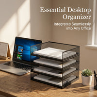 4-Tier Metal Mesh File Organizer, Desktop Document Holder for Office Workers, A4 Horizontal Black Storage Rack for Workstation