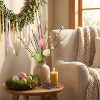 Artificial Easter Egg Branch with Speckled Eggs & Pussy Willow, Decorative Spring Twig Stem, Bendable Flower Pick for Vase, DIY Wreath, Home Decor & Table Centrepiece