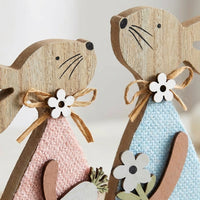2 Pack Wooden Easter Bunny Decorations, Rustic Rabbit Figurines with Pastel Fabric & Jute Bows, Standing Table Ornaments for Spring Home Decor, Mantelpiece, Office & Tiered Tray