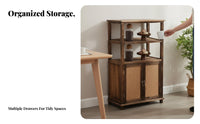 Rattan Door Cupboard Sturdy Wood Frame 2-Door Rattan Chest Vintage Design Multifunctional for Renters, Bedroom, Entryway