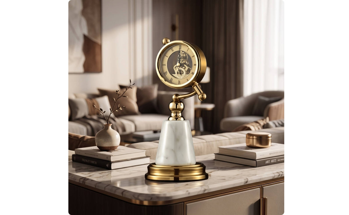 Tabletop Clock with Marble Base Decorative Clock Sculpture High-End Decor for Office, Study, Bookshelf