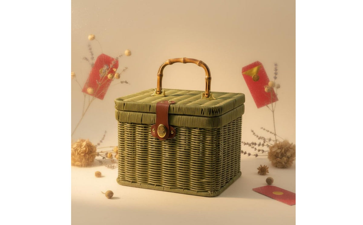 Handwoven Woven Gift Basket with Lid Portable Rattan Design Storage Case Decorative Handled Storage Box Lightweight for Weddings, Home Decor