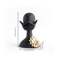 Sculpture with Flower Matte Black Human Bust Modern for Bookshelf